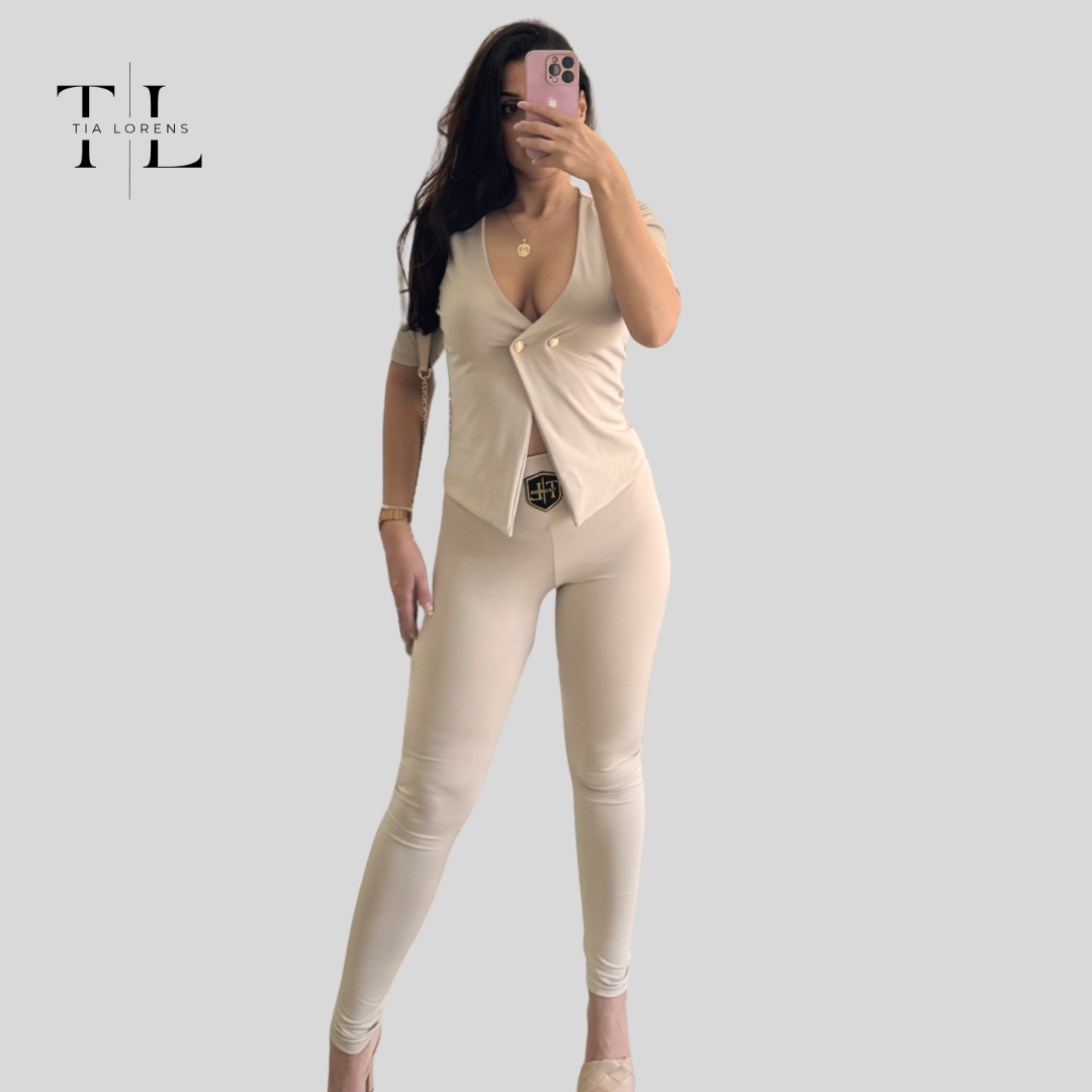 Tia Lorens Elegance Button Lycra Set – Beige