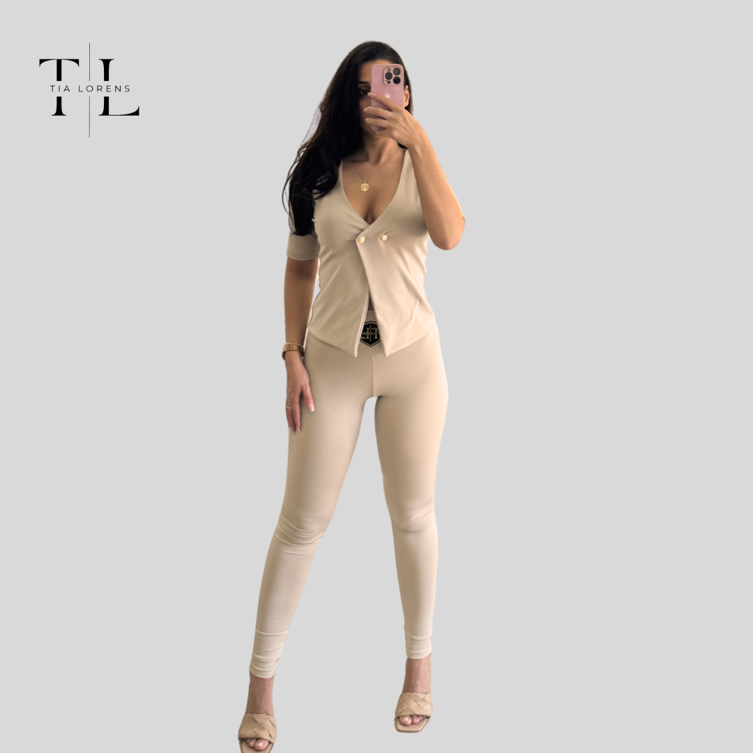 Tia Lorens Elegance Button Lycra Set – Beige