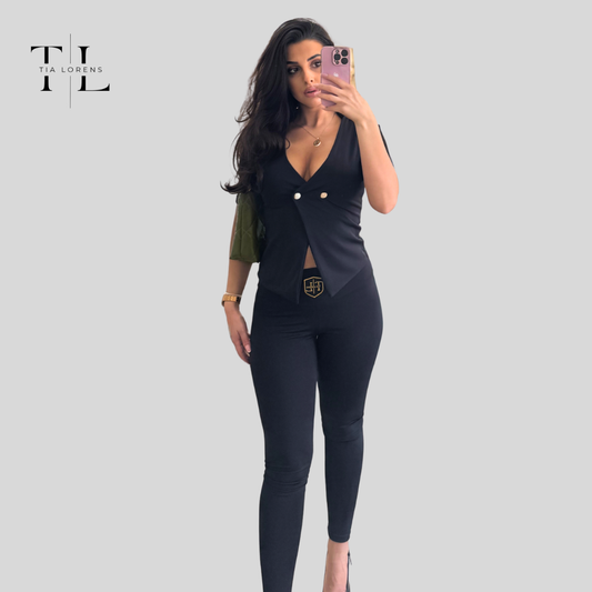 Tia Lorens Elegance Button Lycra Set – Black