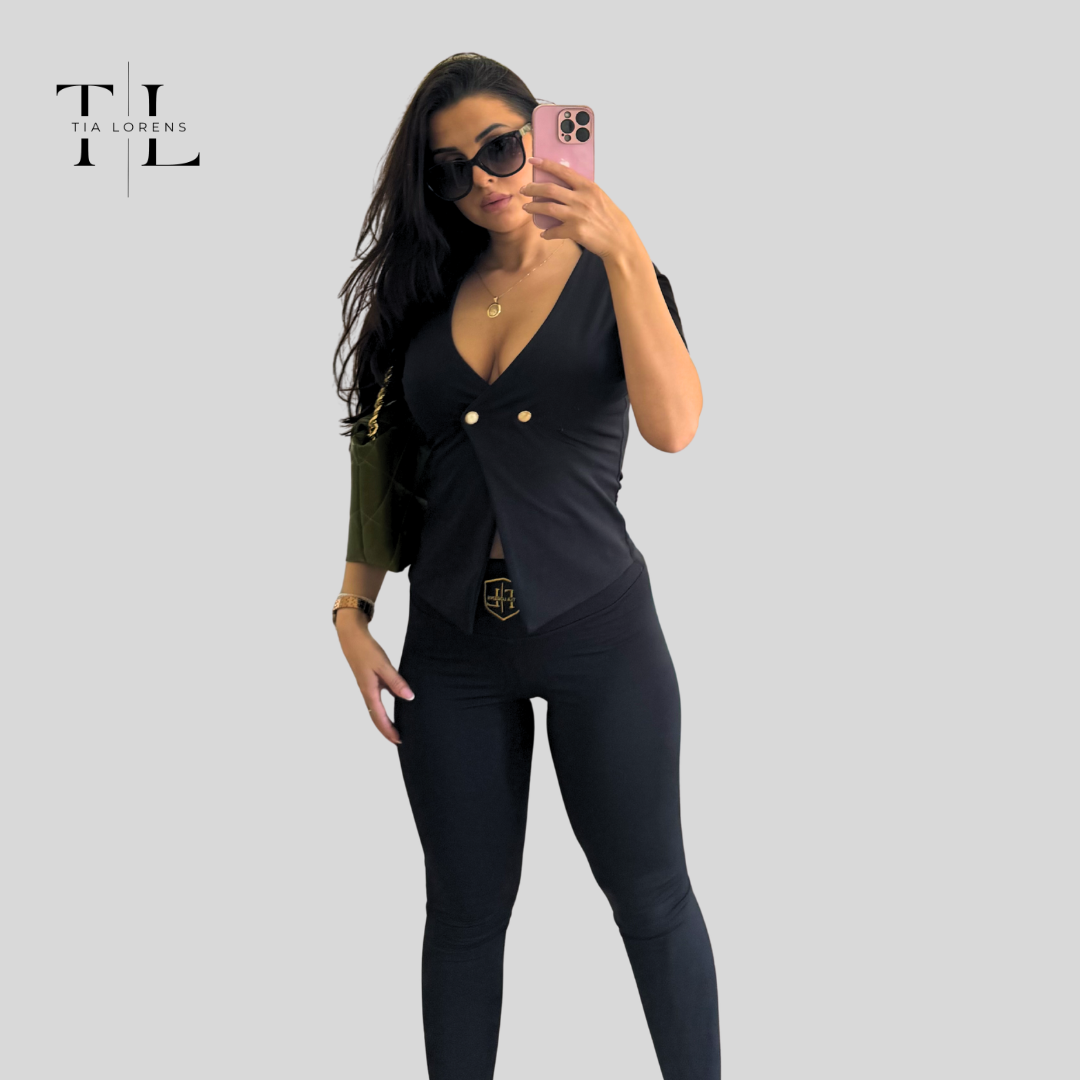 Tia Lorens Elegance Button Lycra Set – Black