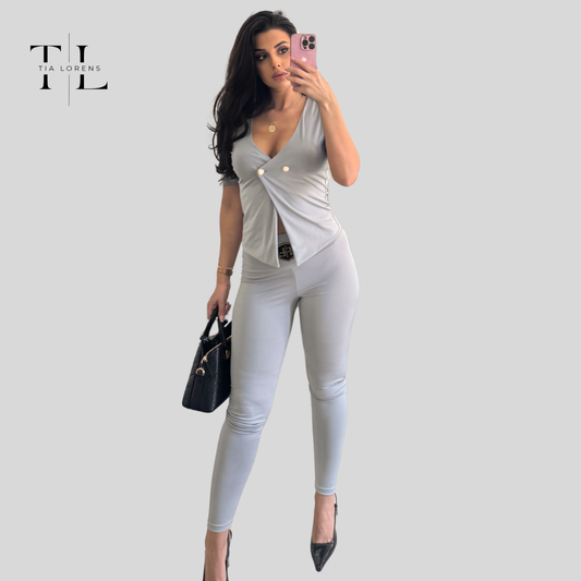Tia Lorens Elegance Button Lycra Set – Light Grey