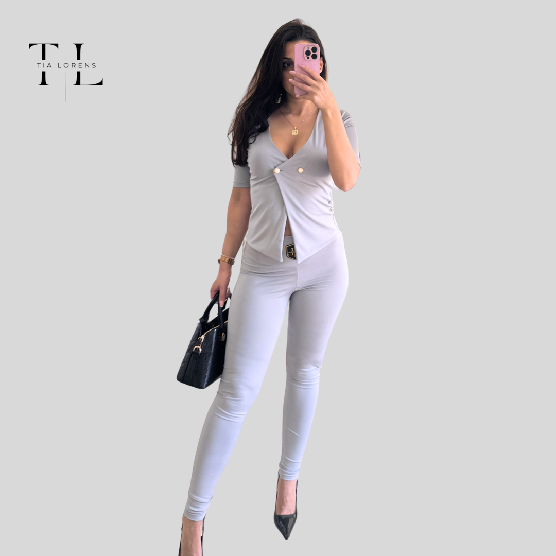 Tia Lorens Elegance Button Lycra Set – Light Grey