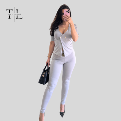 Tia Lorens Elegance Button Lycra Set – Light Grey