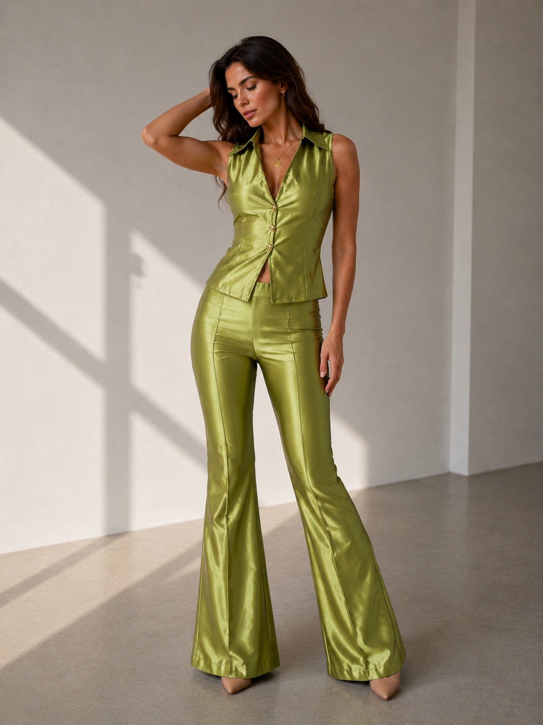 Tia Lorens Summer Saten Set - Olive Green