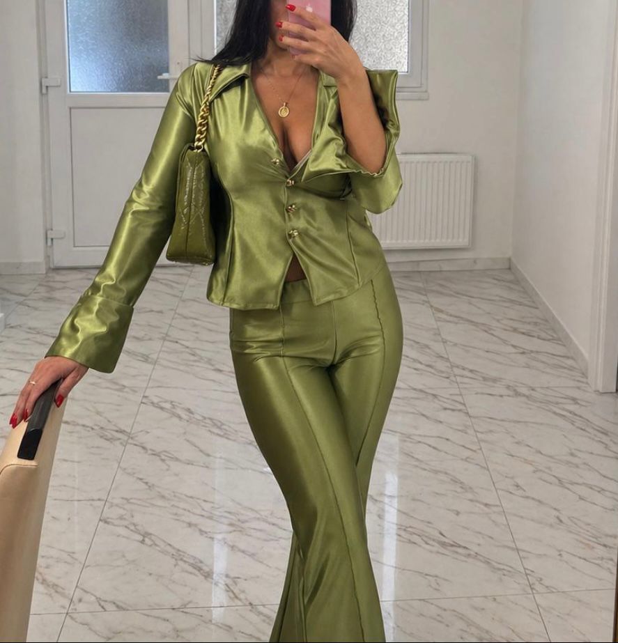 Tia Lorens Satin Set – Olive Green