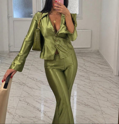 Tia Lorens Satin Set – Olive Green