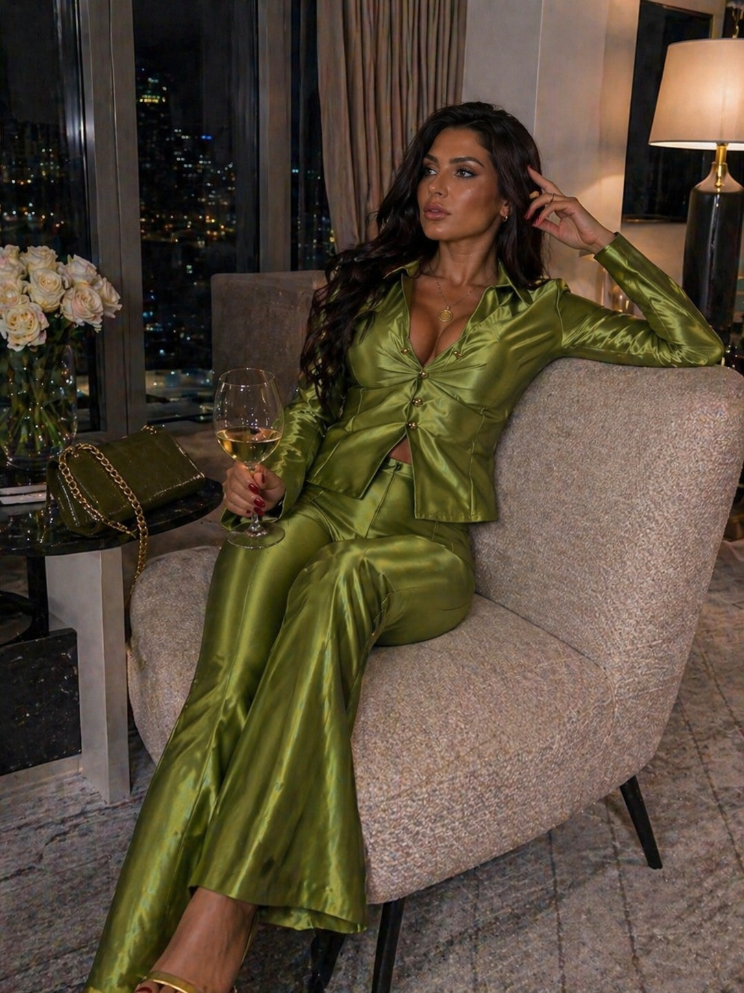 Tia Lorens Satin Set – Olive Green